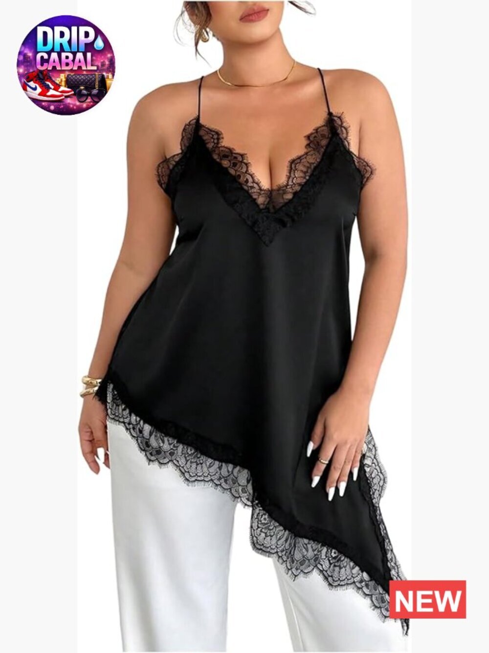 Plus Size Lace Trim V Neck Spaghetti Strap Camisole Asymmetrical Tank Top